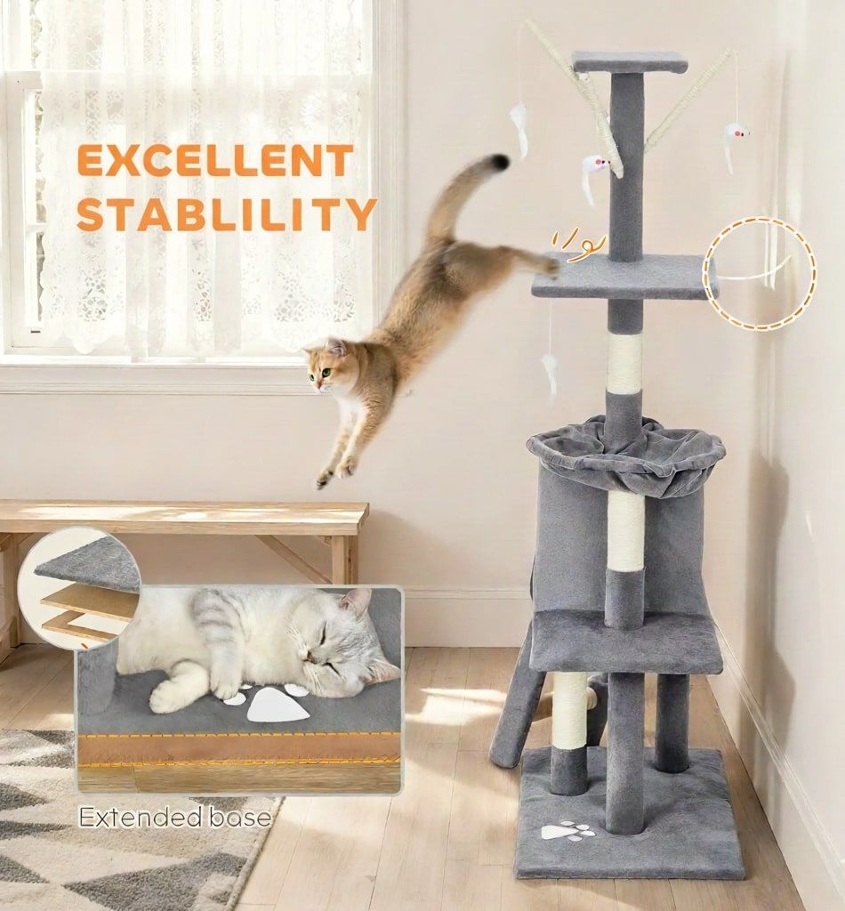 CARLA HOME 134cm Cat Tree with Hammock & Sisal Posts - Light Grey