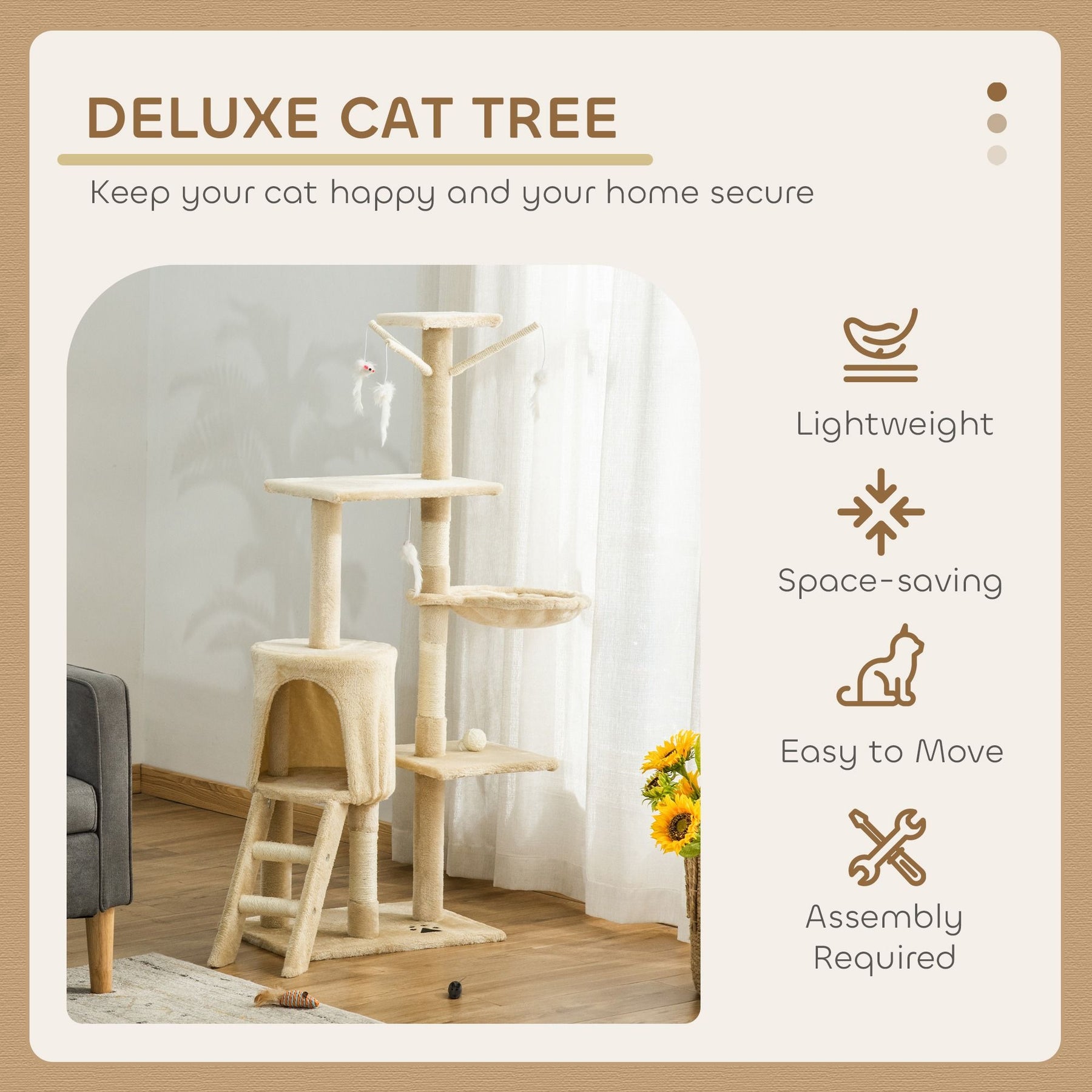 CARLA HOME Cat Tree with Hammock, Plush Perch & Sisal Posts - Beige 134cm