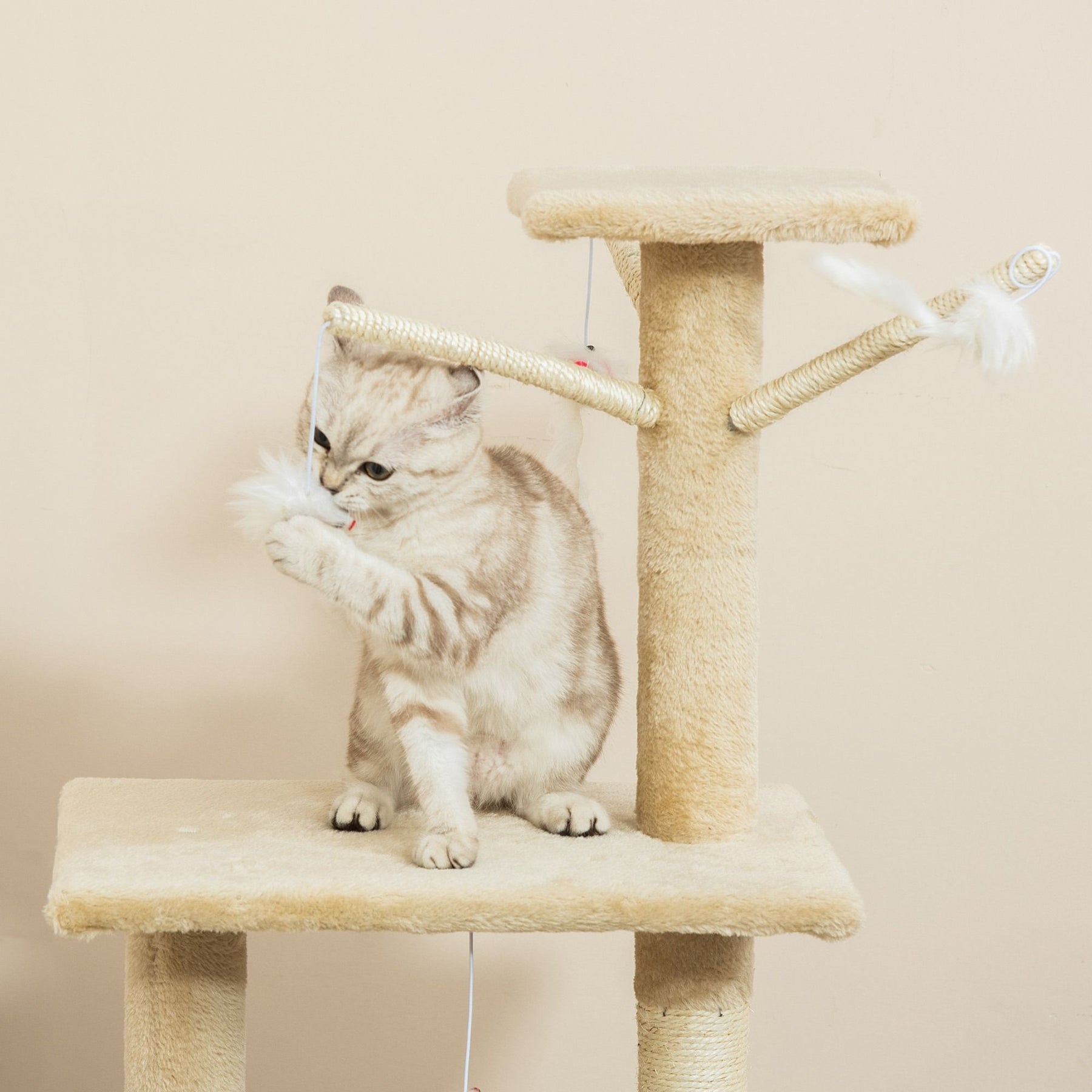 CARLA HOME Cat Tree with Hammock, Plush Perch & Sisal Posts - Beige 134cm