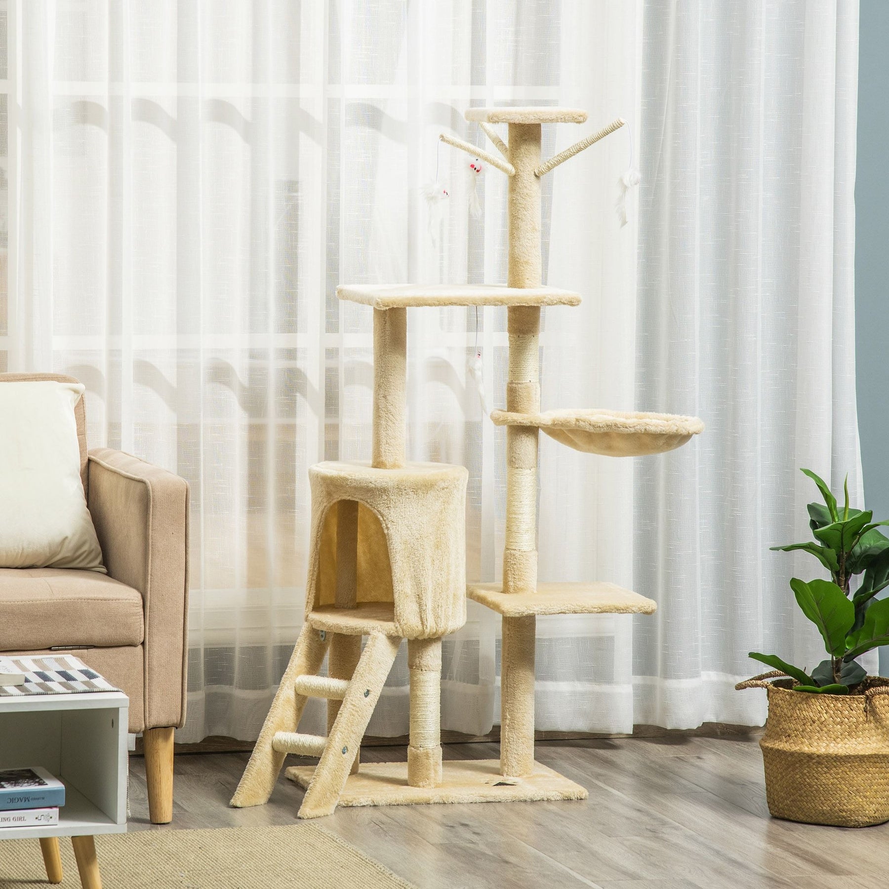 CARLA HOME Cat Tree with Hammock, Plush Perch & Sisal Posts - Beige 134cm