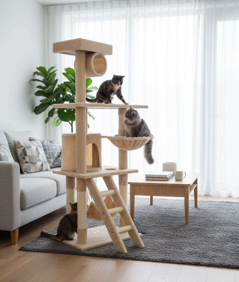 CARLA HOME Cat Tree Tower with Ladder, Hammock & Condo - Beige 141cm