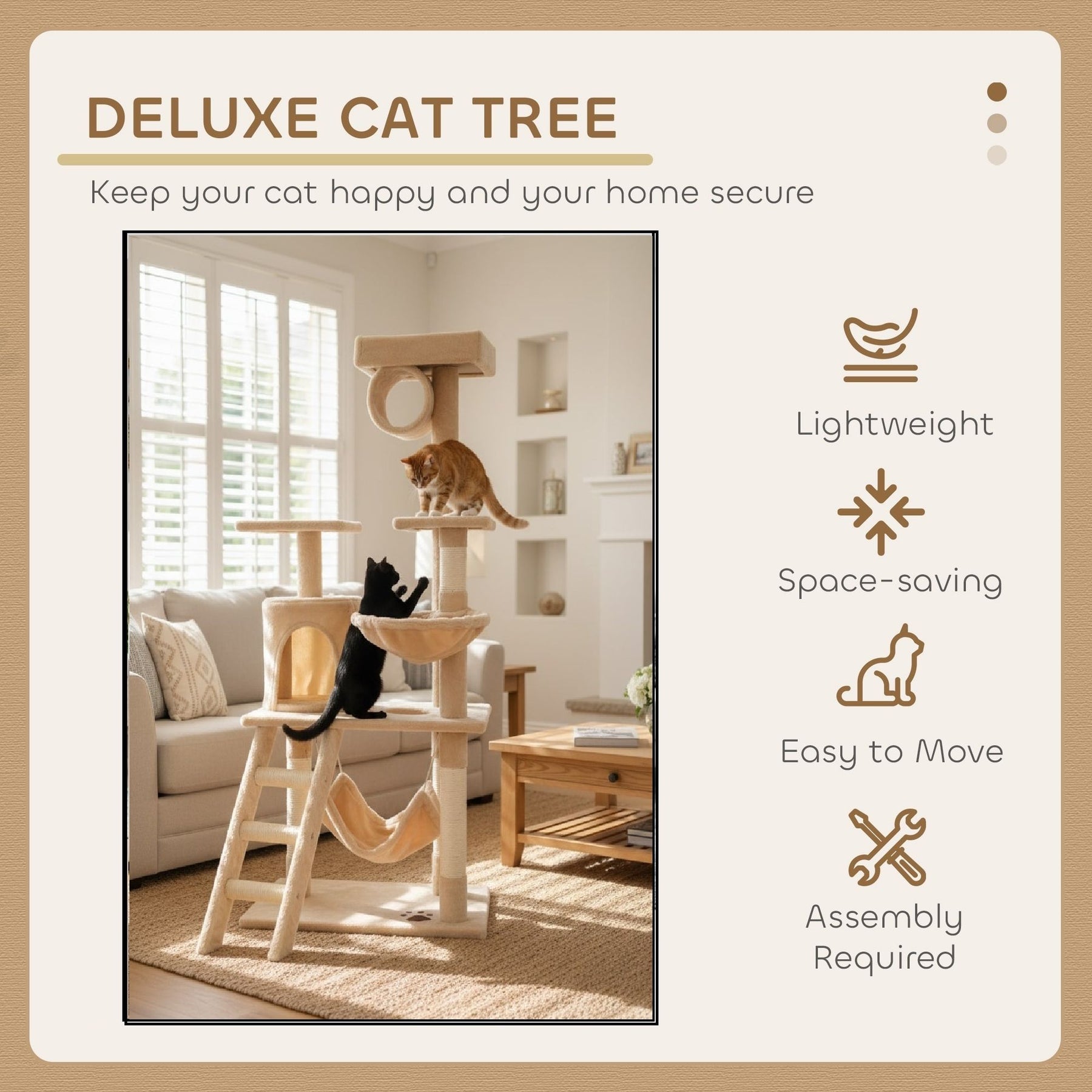 CARLA HOME Cat Tree Tower with Ladder, Hammock & Condo - Beige 141cm