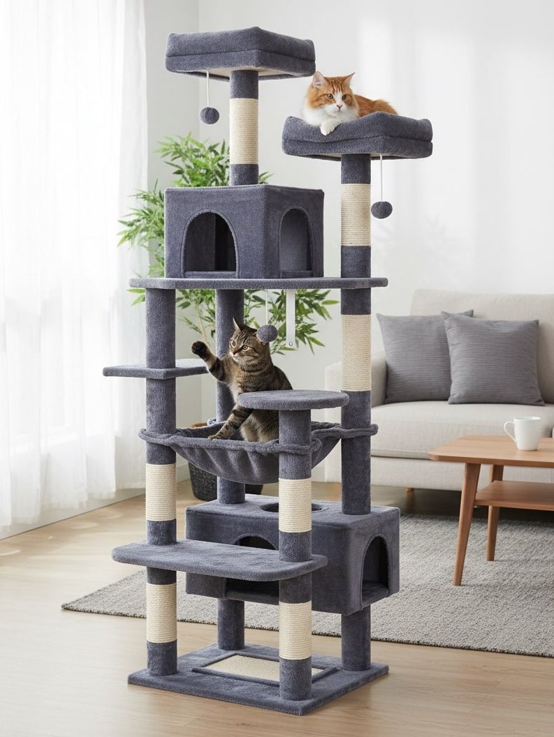 CARLA HOME Cat Tree Tower – Grey 180cm, Plush Perches & Dual Condos