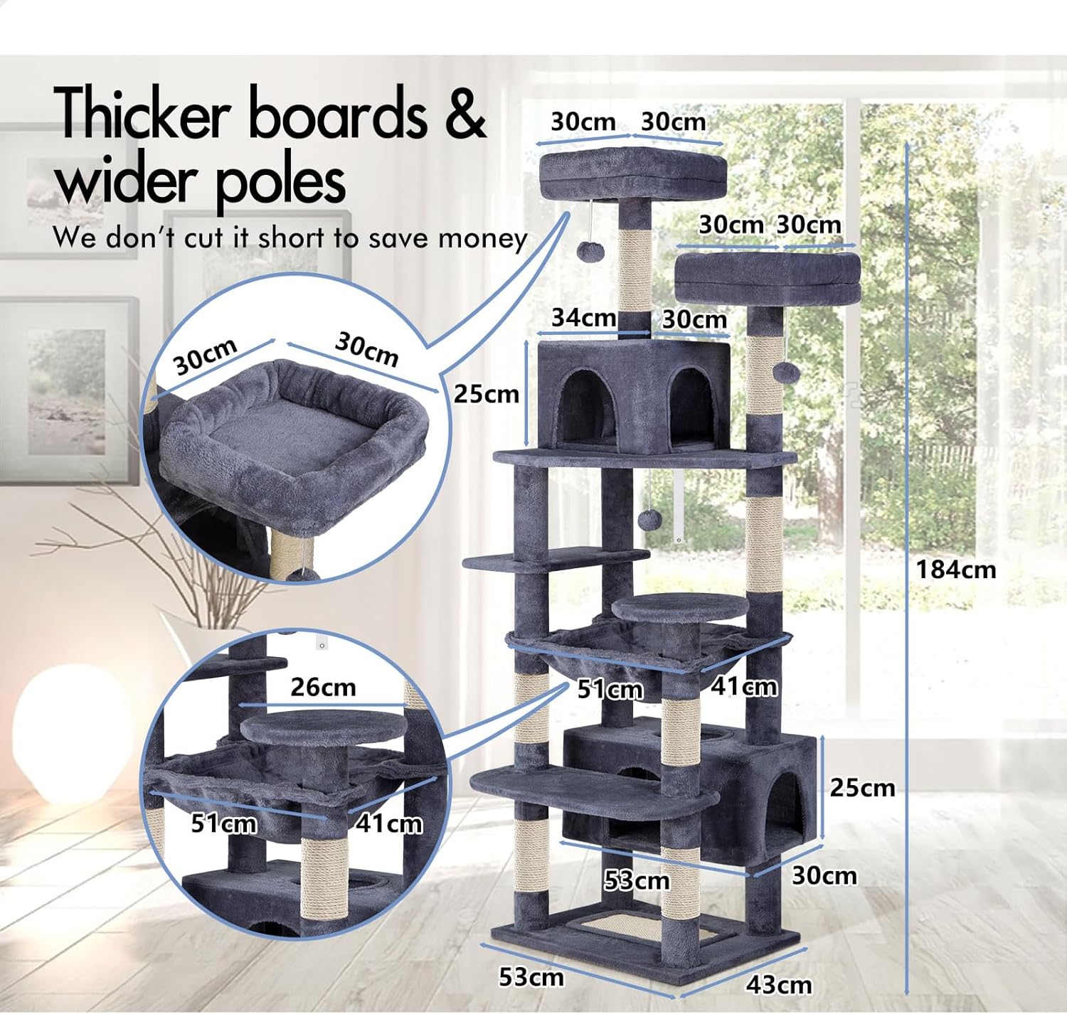 CARLA HOME Cat Tree Tower – Grey 180cm, Plush Perches & Dual Condos