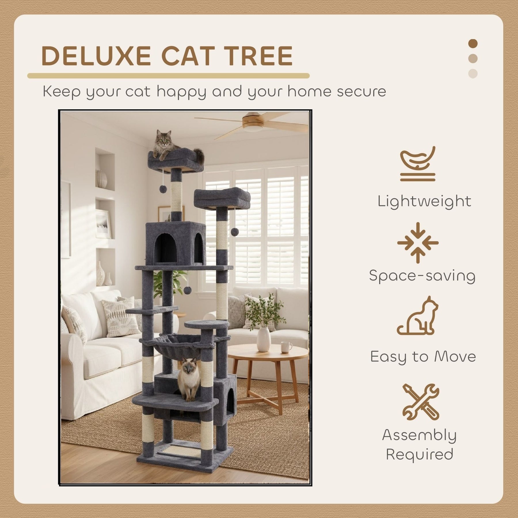 CARLA HOME Cat Tree Tower – Grey 180cm, Plush Perches & Dual Condos