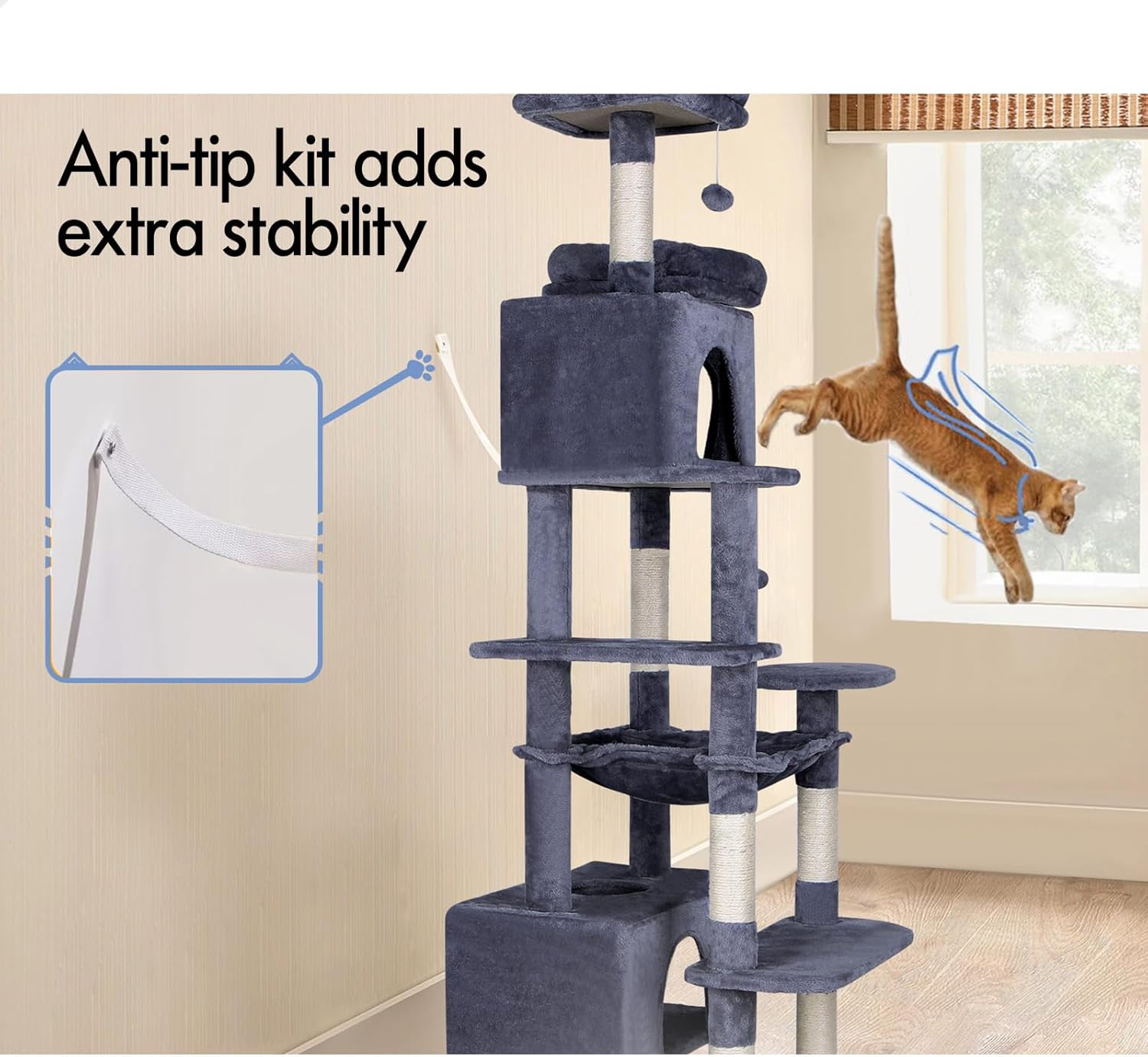 CARLA HOME Cat Tree Tower – Grey 180cm, Plush Perches & Dual Condos