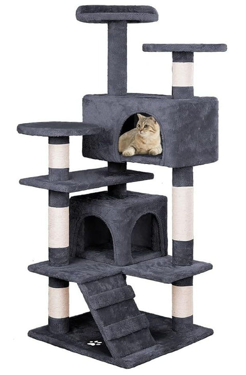 CARLA HOME Cat Tree Tower – Dark Grey 134cm, Plush Perches & Sisal Scratching Posts
