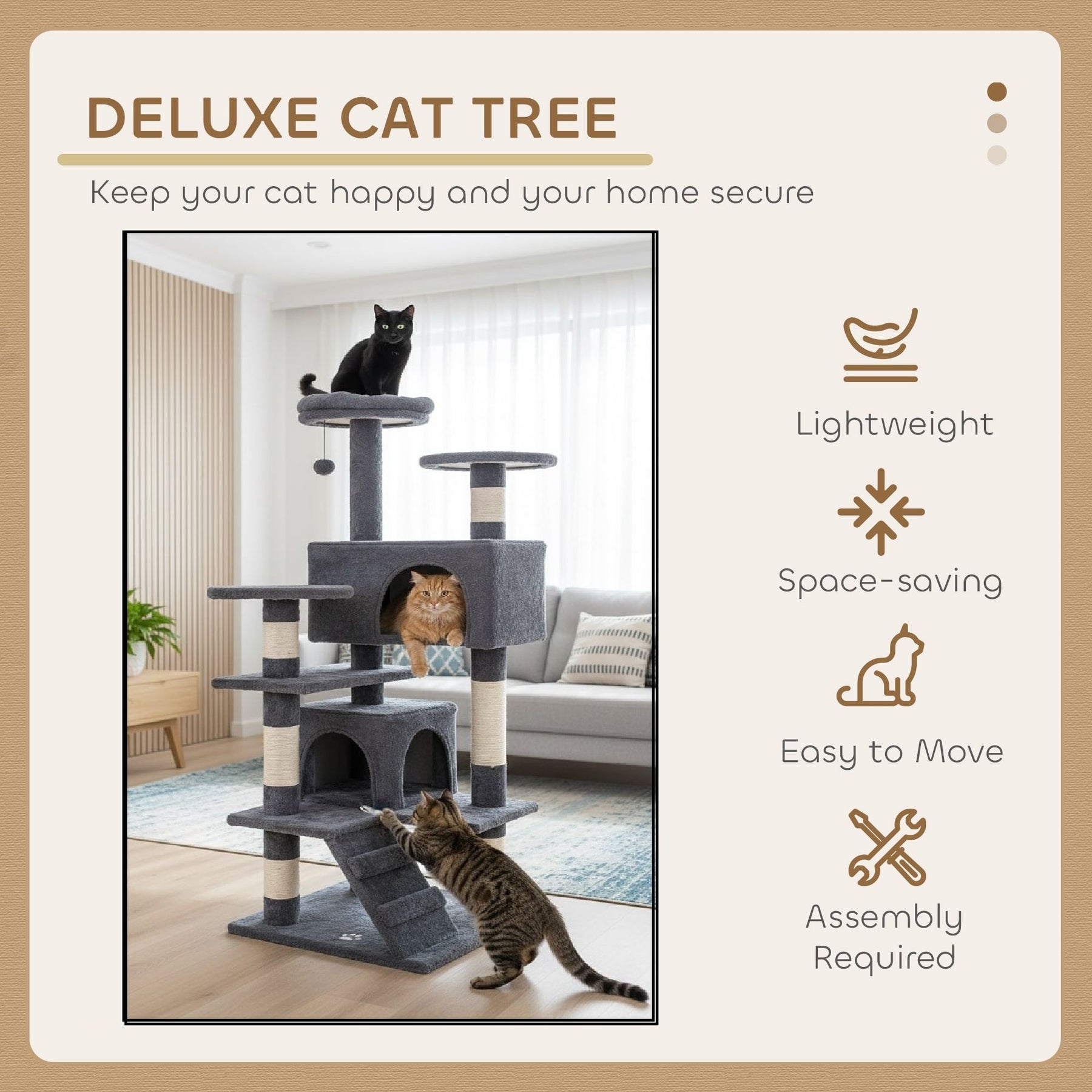 CARLA HOME Cat Tree Tower – Dark Grey 134cm, Plush Perches & Sisal Scratching Posts