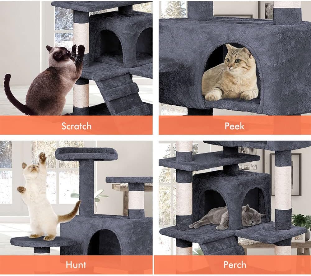 CARLA HOME Cat Tree Tower – Dark Grey 134cm, Plush Perches & Sisal Scratching Posts