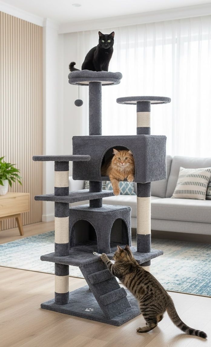 CARLA HOME Cat Tree Tower – Dark Grey 134cm, Plush Perches & Sisal Scratching Posts