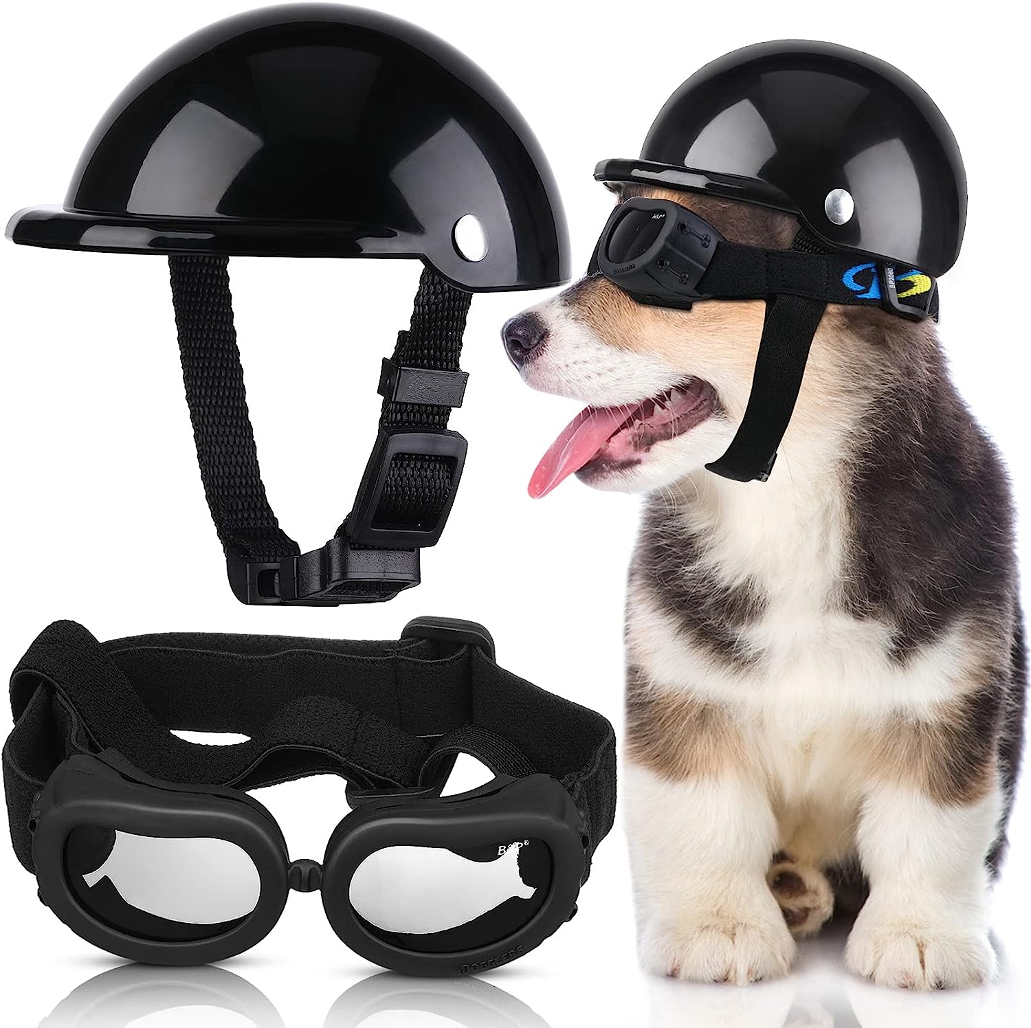 Premium Black Small Dog Helmet and Goggles Set Adjustable Pet Travel Costume Gear