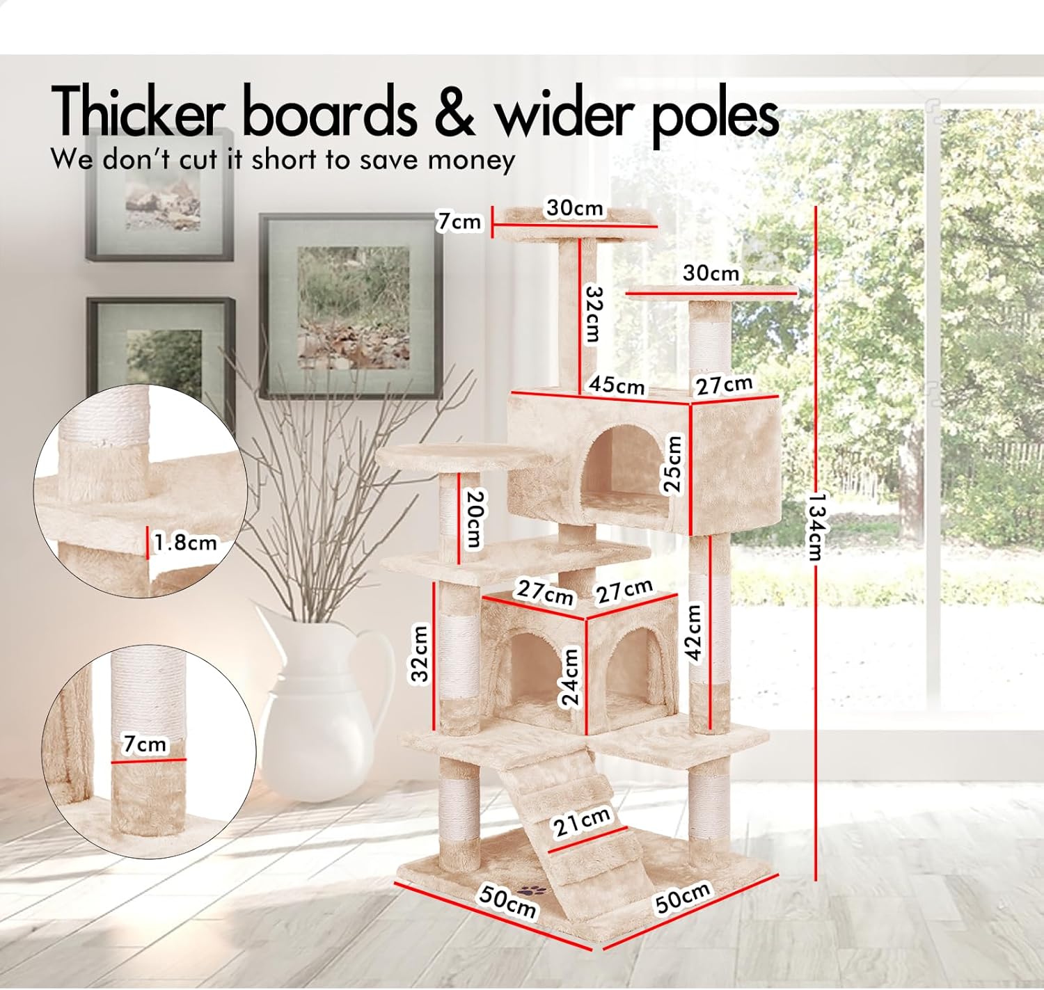 CARLA HOME Cat Tree Tower – Beige 134cm, Plush Perches & Sisal Scratching Posts