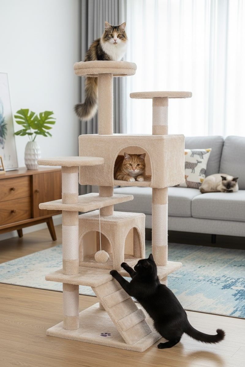 CARLA HOME Cat Tree Tower – Beige 134cm, Plush Perches & Sisal Scratching Posts