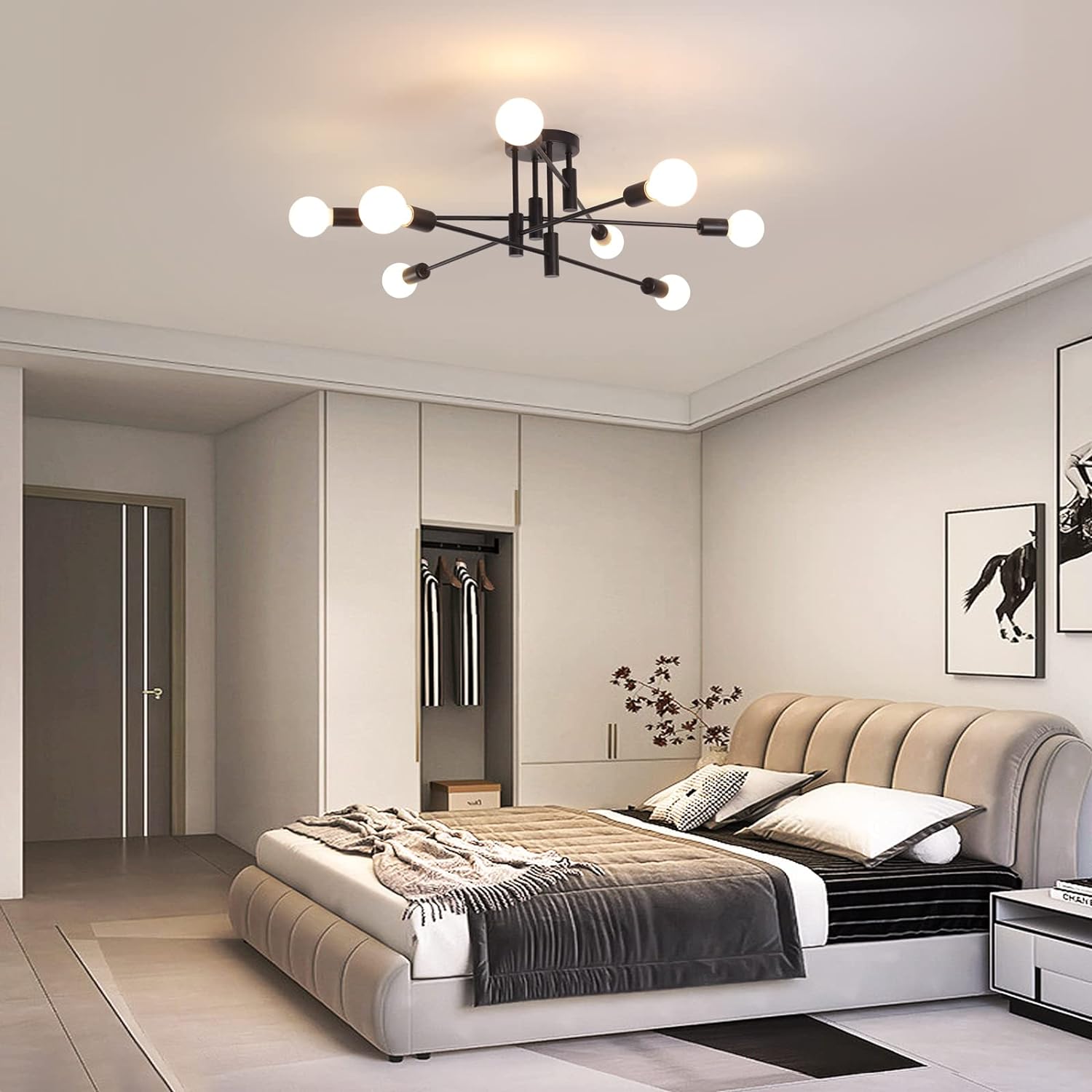 Premium Modern 8 Light Sputnik Semi Flush Chandelier - Black
