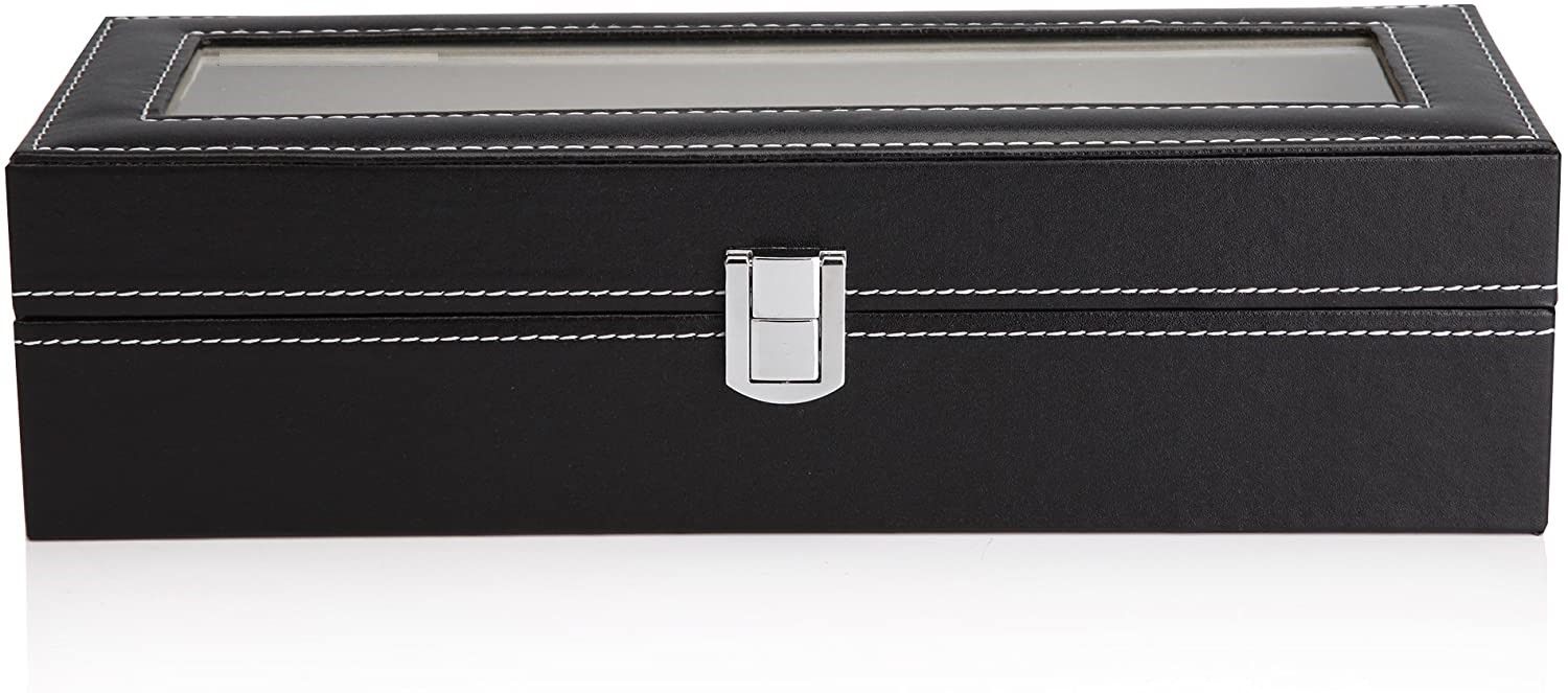 Black PU Leather Watch Organizer Display Storage Box for Men & Women, 6 Slots, Glass Lid, Velvet Lining, 30 x 12 x 8 cm - SuperSaverAU - view 2