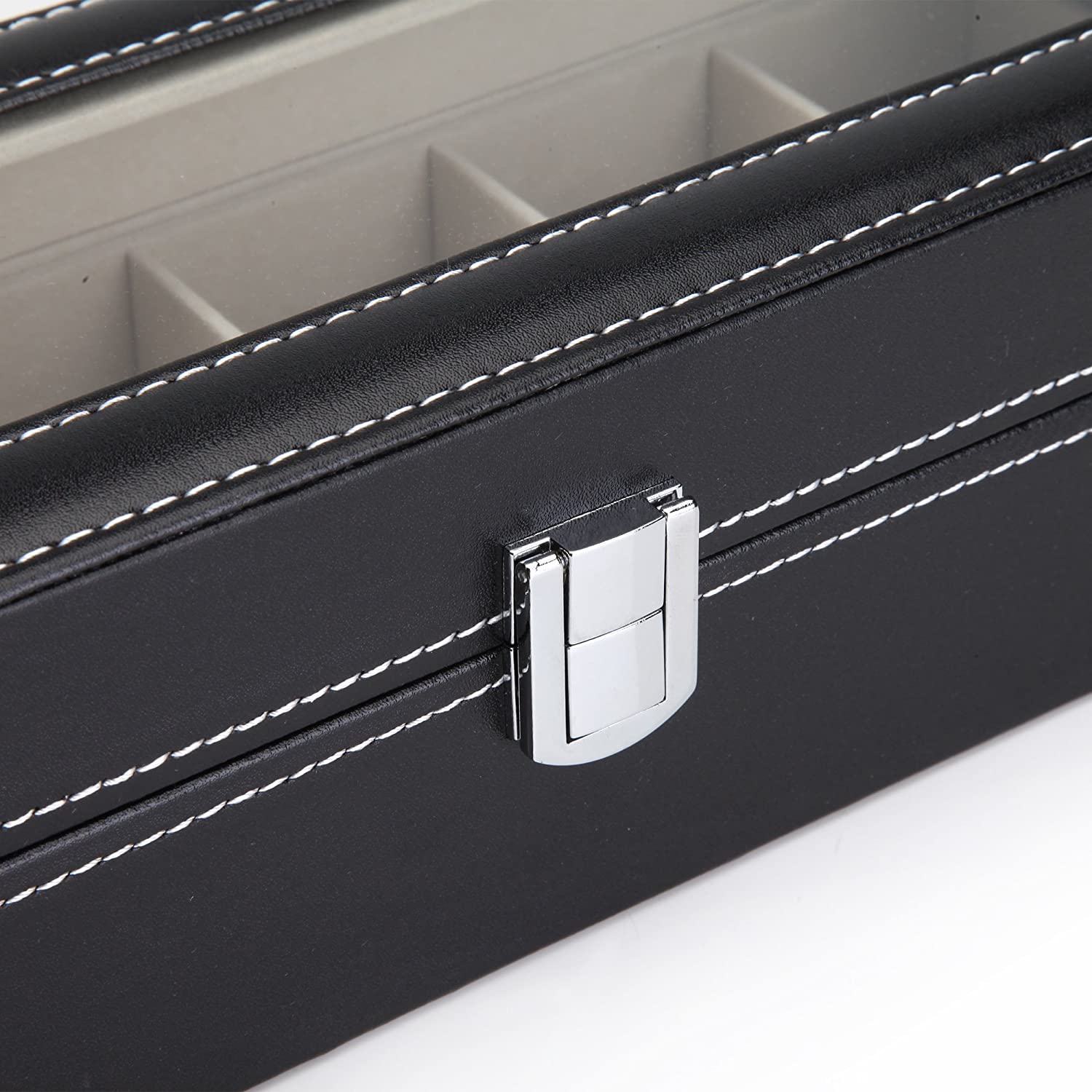 Black PU Leather Watch Organizer Display Storage Box for Men & Women, 6 Slots, Glass Lid, Velvet Lining, 30 x 12 x 8 cm - SuperSaverAU - view 4