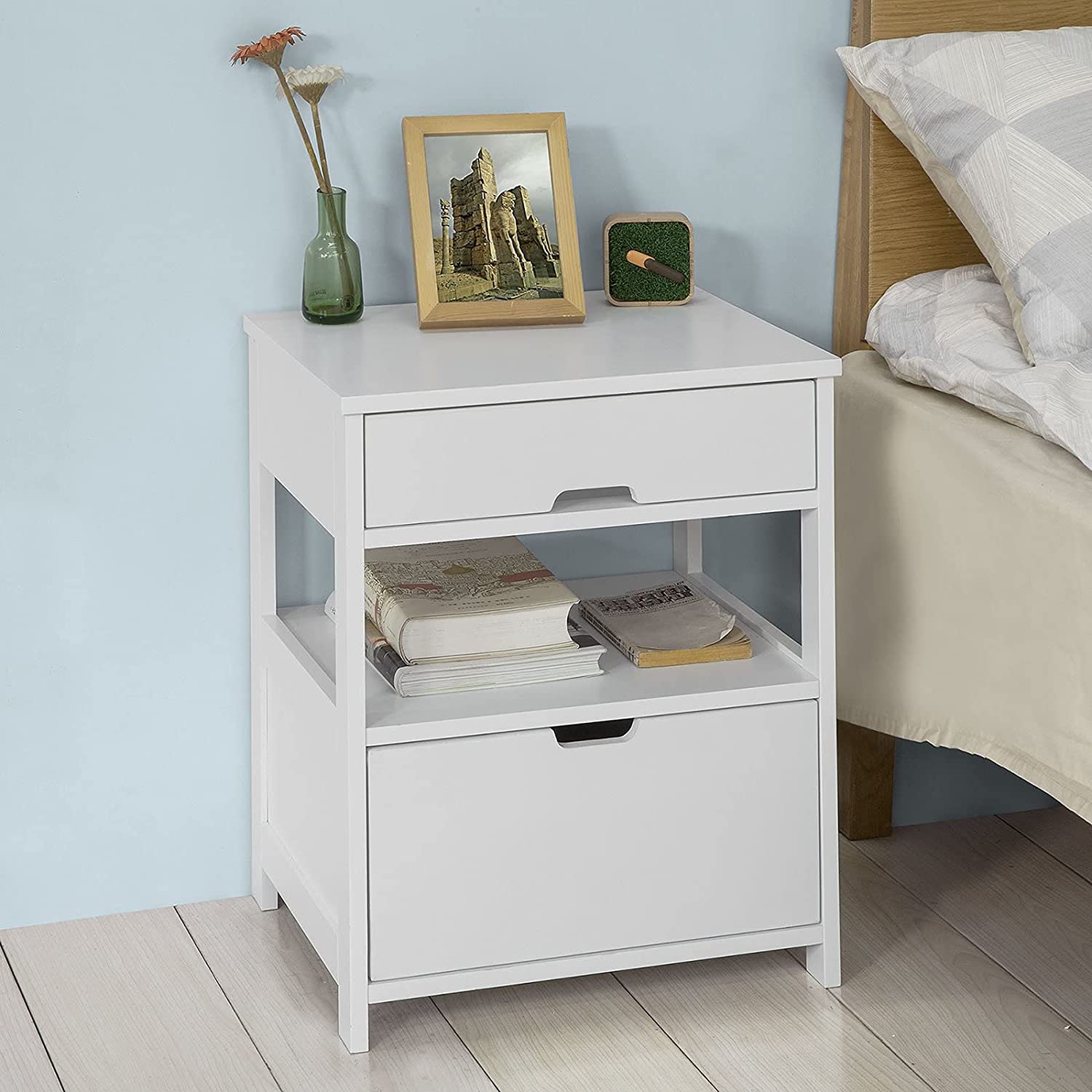 Premium White Bedside Table with 2 Drawers and Shelf 45cm