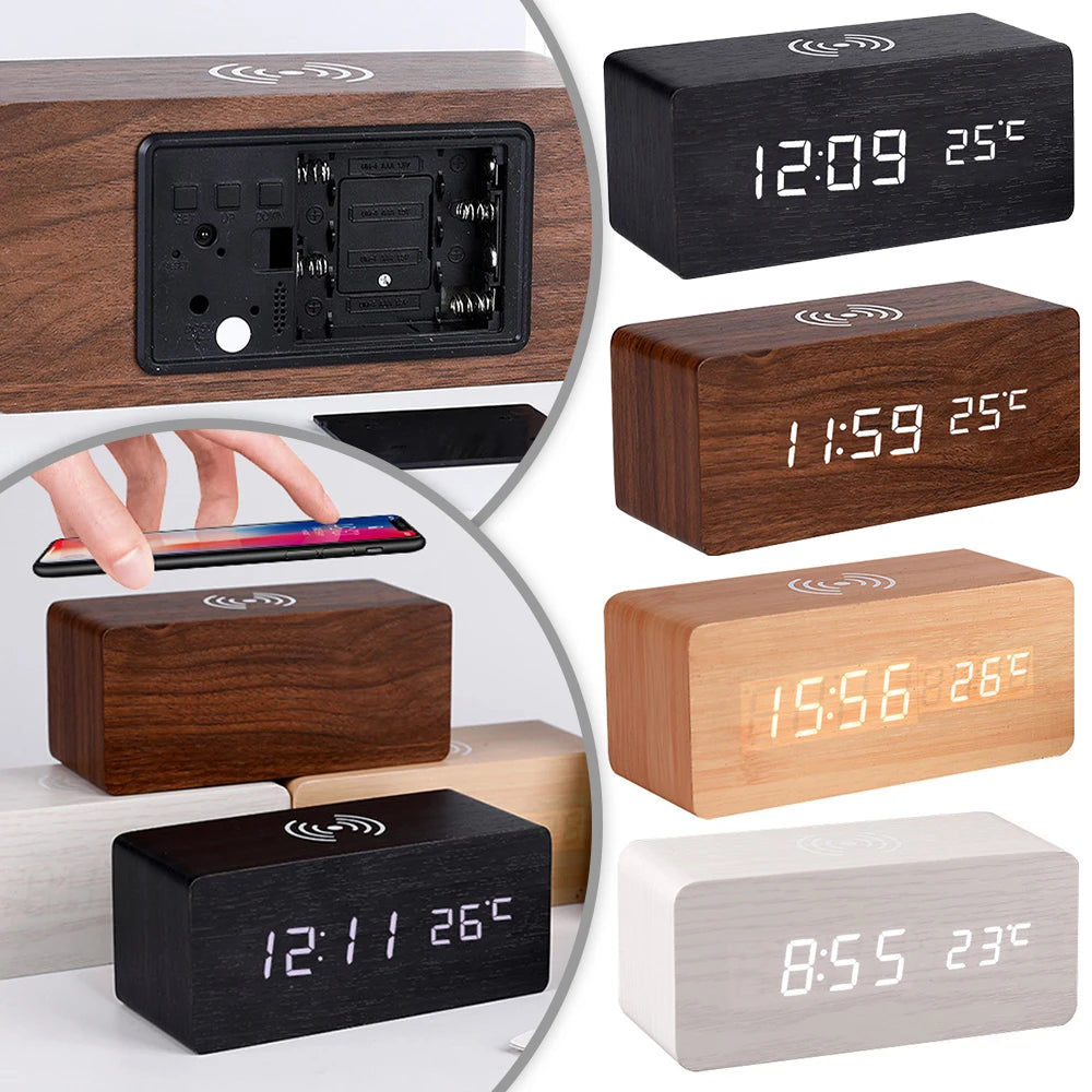 Modern Wooden LED Desk Clock with Qi Charger, Compact & Portable Design - SuperSaverAU - view 2