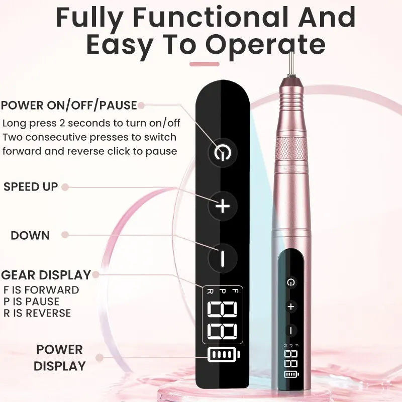 Premium Cordless Nail Drill Kit 35000RPM with LED - Pink