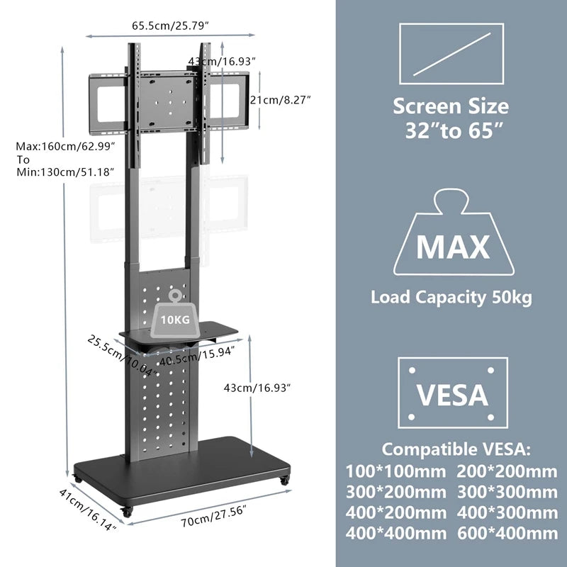 Mobile TV Stand with Wheels for 65" TVs, Heavy Duty - SuperSaverAU - view 4