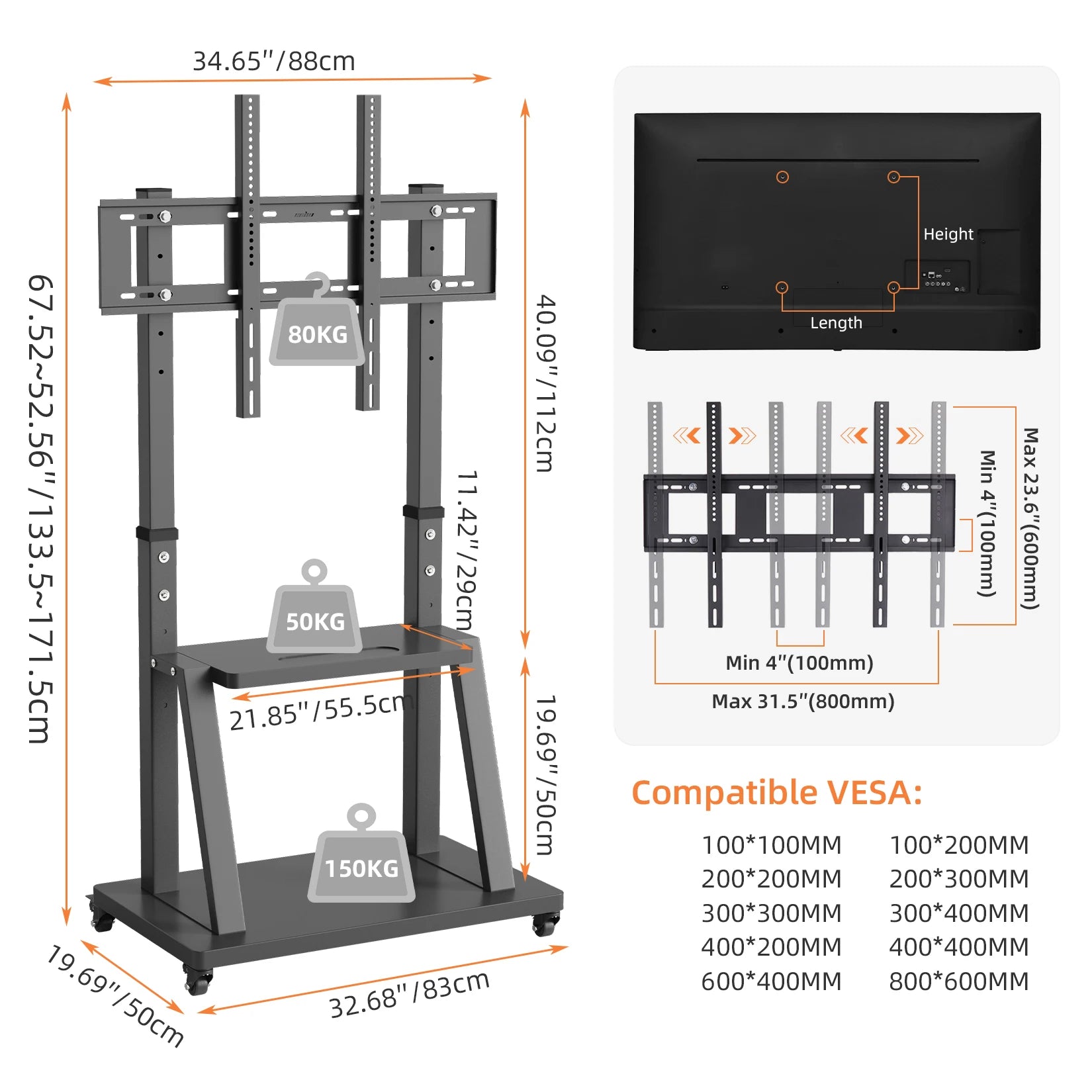 Adjustable Heavy Duty Mobile TV Cart Stand for Screens 32"-100" - SuperSaverAU - view 2