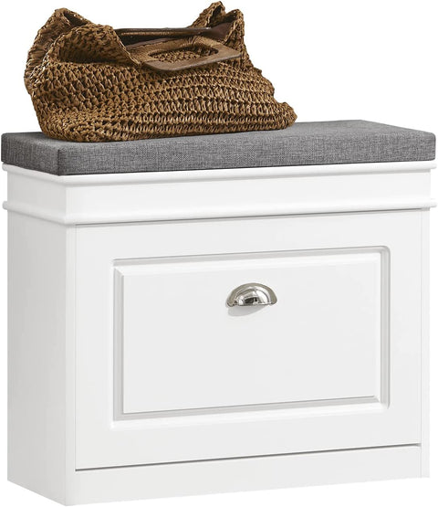 Premium White Tilt Out Shoe Cabinet with Cushion Seat Shoe Rack 60cm
