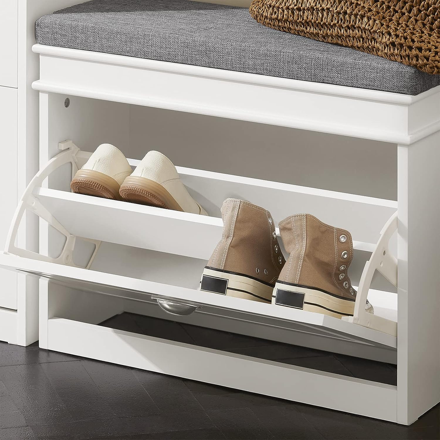 Premium White Tilt Out Shoe Cabinet with Cushion Seat Shoe Rack 60cm