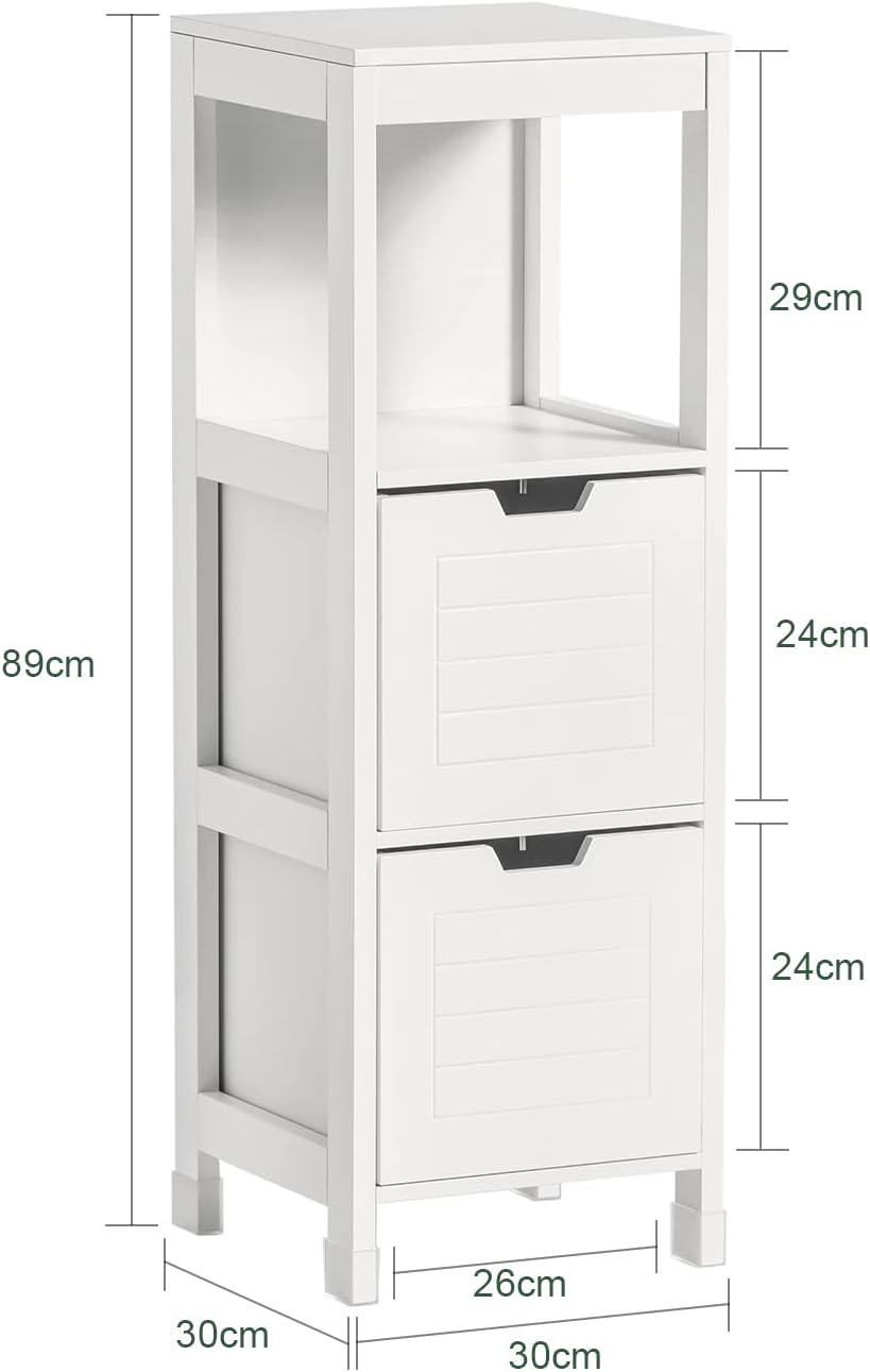 White Freestanding Cabinet 2 Drawers Shelf Cupboard 30x30x90 cm, Stylish Storage Solution - SuperSaverAU - view 3