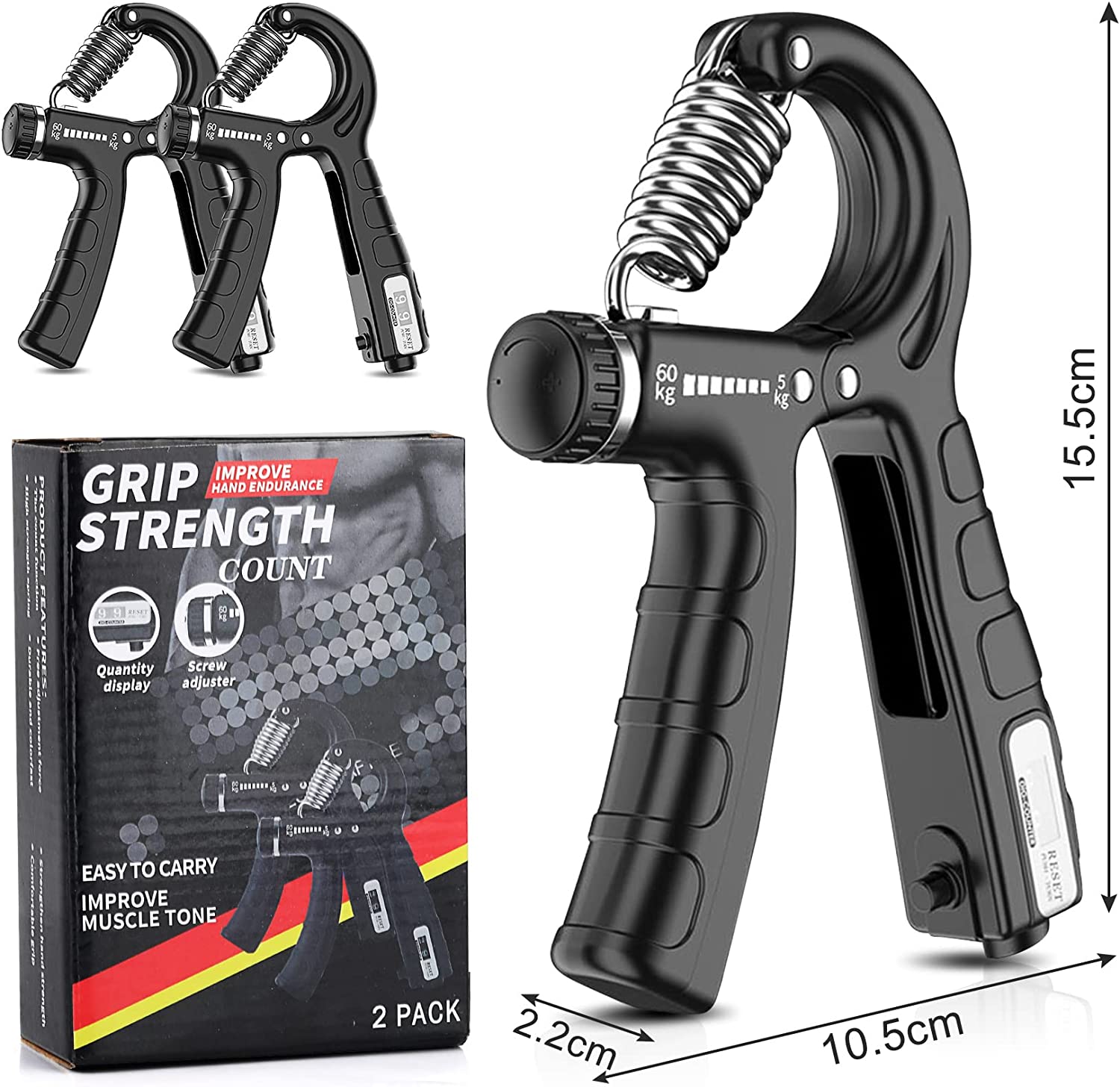 Premium Adjustable Hand Grip Strengthener with Counter - 5-60kg, 2 Pack