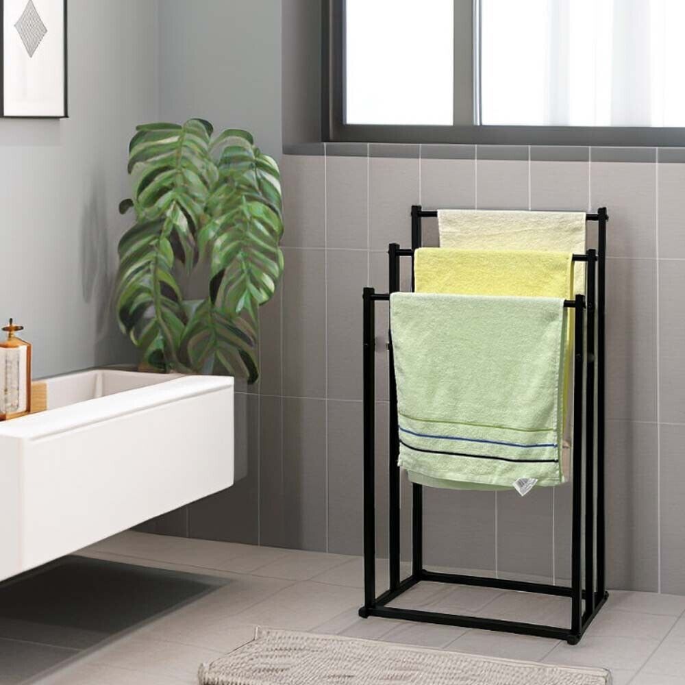 Metal Free Standing Towel Rack 3 Tier 40x20x77.5cm - Sturdy Black Design - SuperSaverAU - view 2