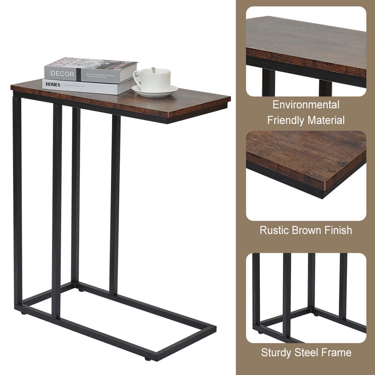 GENUX C Shaped Sofa Side End Table Rustic Brown Metal Frame Laptop Tray