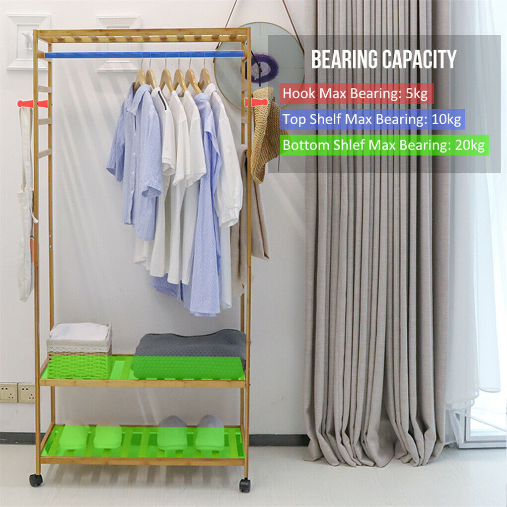 Eco-Friendly 3-Tier Wooden Clothes Rack Rolling Garment Stand 80x35x165 cm - SuperSaverAU - view 7
