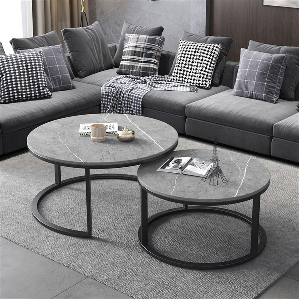 Set of 2 Grey Marble Nesting Coffee Tables 60/80cm - SuperSaverAU - view 1