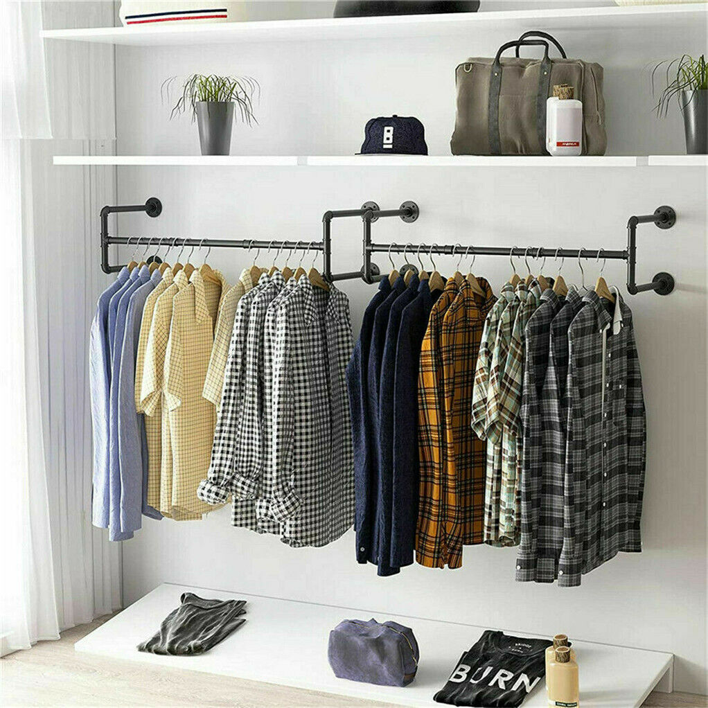Iron Wall Mounted Clothes Rack with Shelf, 109x109x35 cm, Durable Industrial Design - SuperSaverAU - view 1