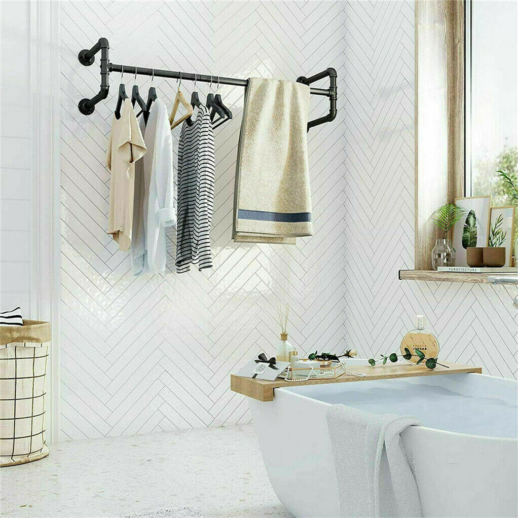 Iron Wall Mounted Clothes Rack with Shelf, 109x109x35 cm, Durable Industrial Design - SuperSaverAU - view 5