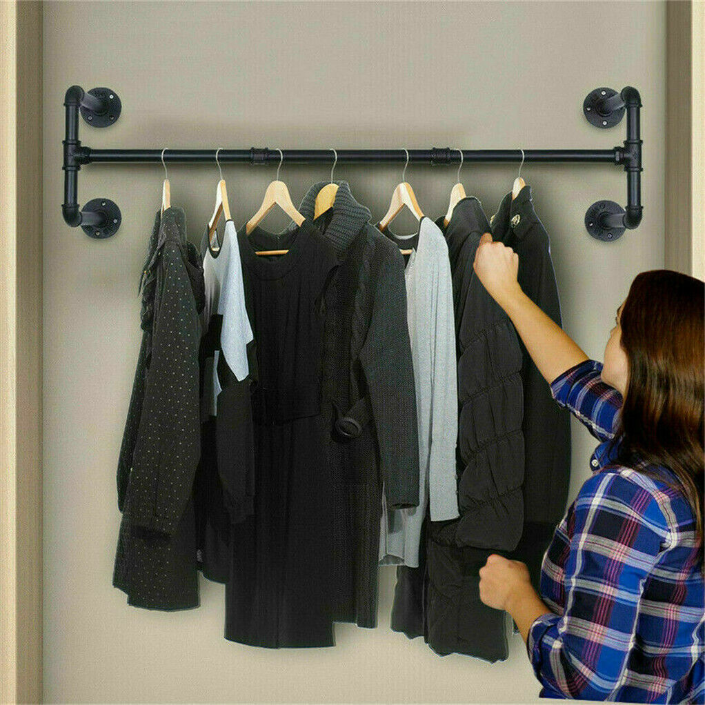 Iron Wall Mounted Clothes Rack with Shelf, 109x109x35 cm, Durable Industrial Design - SuperSaverAU - view 8