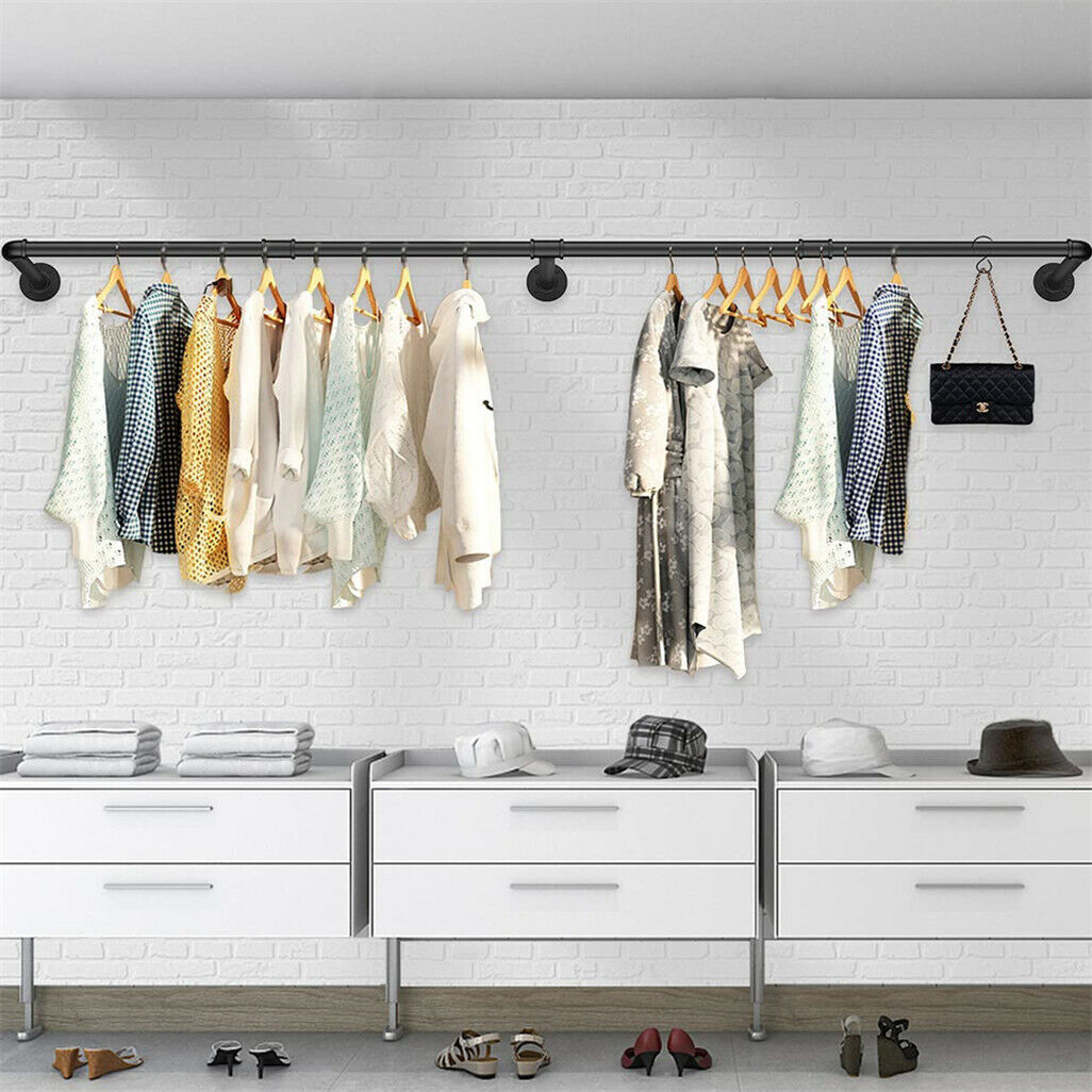 Industrial Iron Pipe Clothes Rail 180cm Vintage Wall Shelf with Hooks - SuperSaverAU - view 1