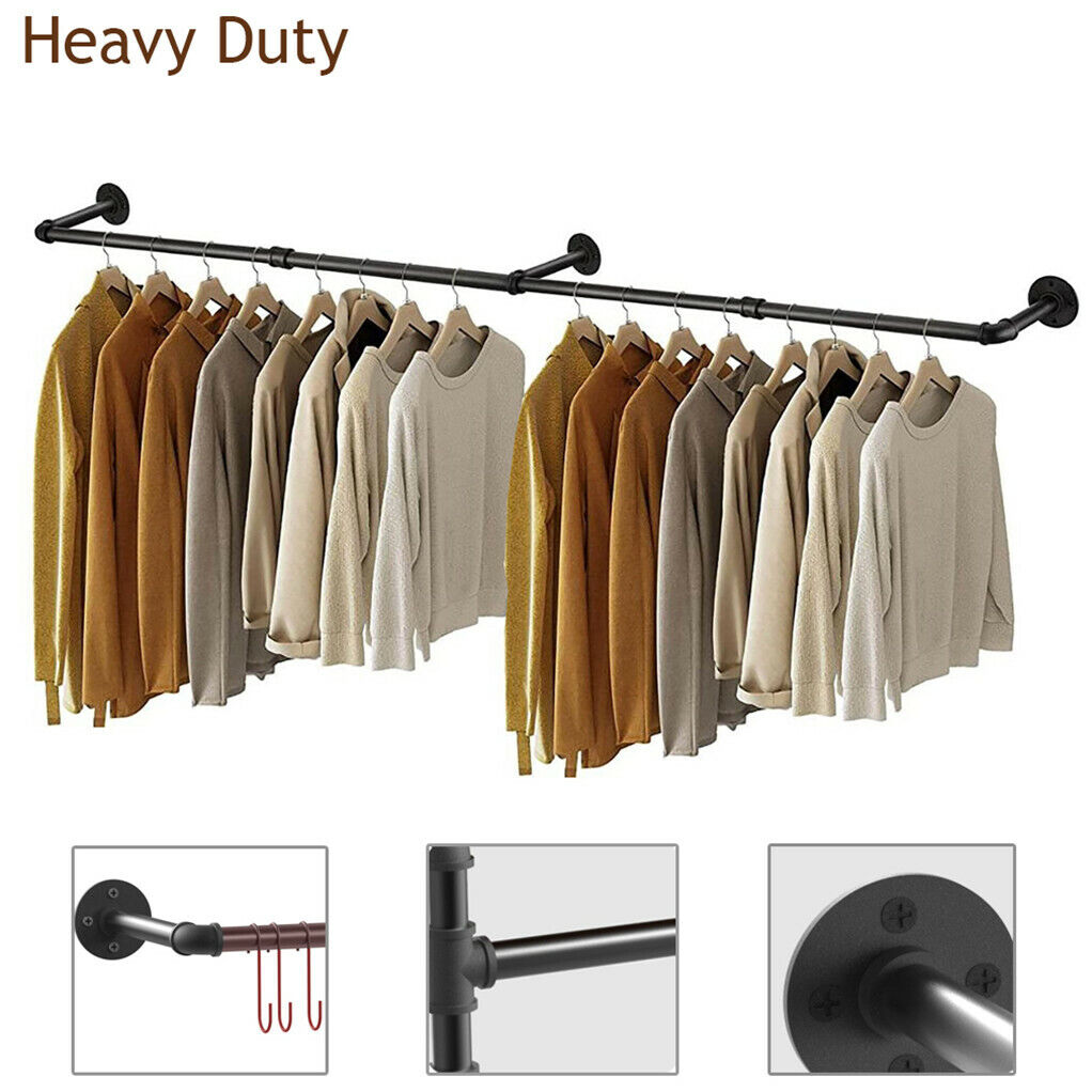 Industrial Iron Pipe Clothes Rail 180cm Vintage Wall Shelf with Hooks - SuperSaverAU - view 2