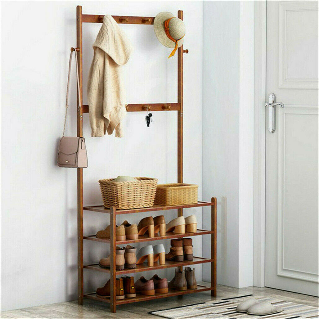 Bamboo 5-Tier Hat Coat Shoe Rack Entryway Bench 69.5x25.5x184.5 cm, Durable Storage - SuperSaverAU - view 1