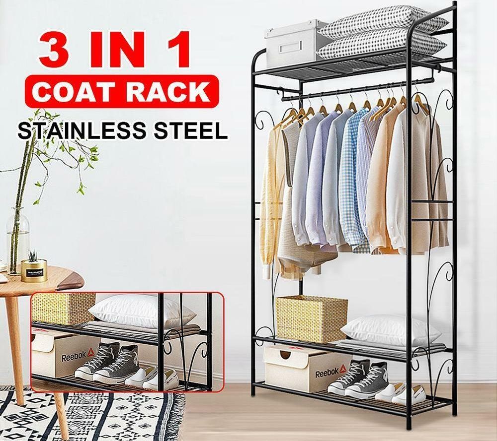 Extra Large Iron Clothes Rack Garment Hanging Stand with 3 Shelves, 79x36x161 cm - SuperSaverAU - view 7