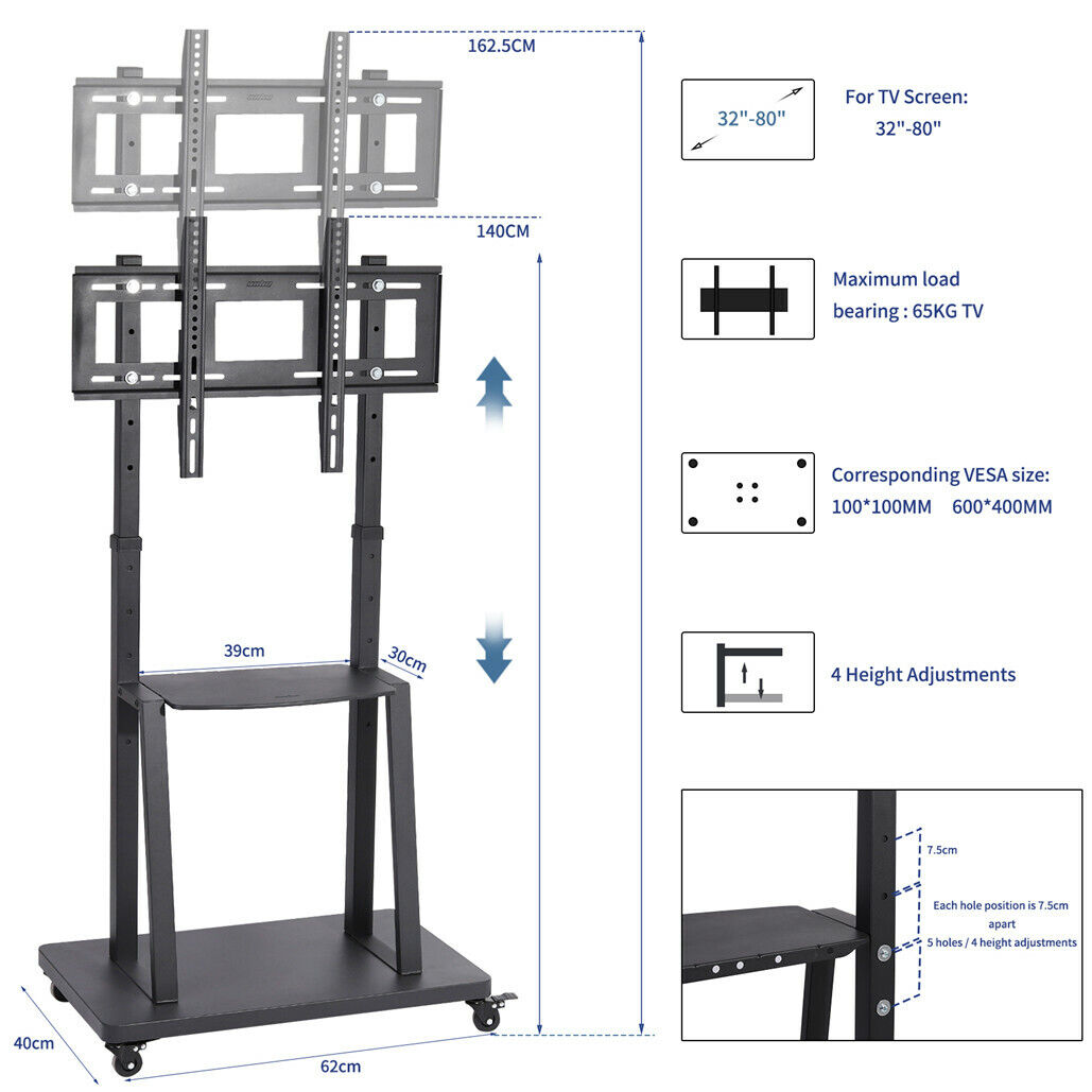 Adjustable Rolling TV Stand 32-80 Inches with 2-Tier Shelf - SuperSaverAU - view 4