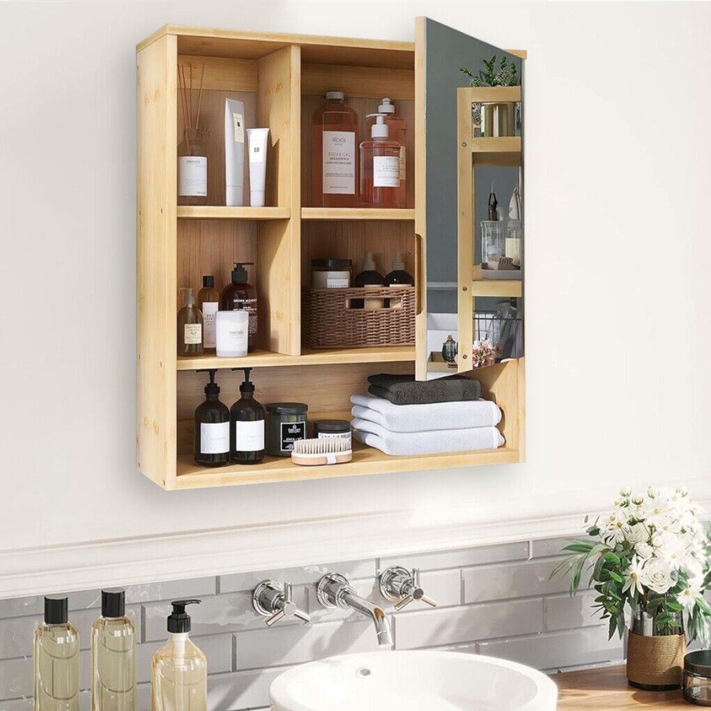Bamboo Wall Medicine Cabinet - 5 Shelf Mirror 55.5cm - SuperSaverAU - view 1