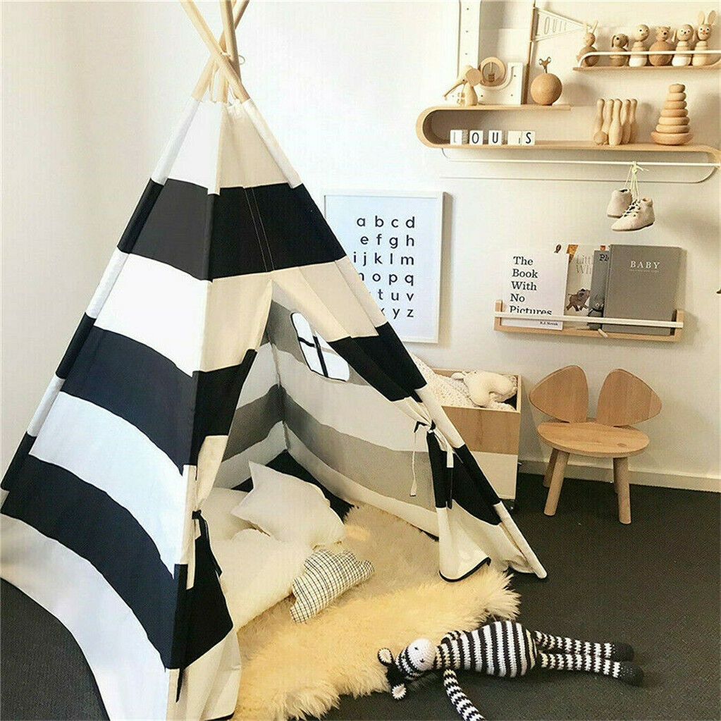 Kids Teepee Tent Linen Playhouse with Black and White Stripes - SuperSaverAU - view 5