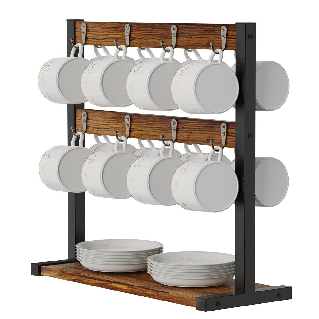 Rustic Minimalist Coffee Mug Holder Stand 43.5cm High, 42cm Wide, 2-Tier Organizer - SuperSaverAU - view 4