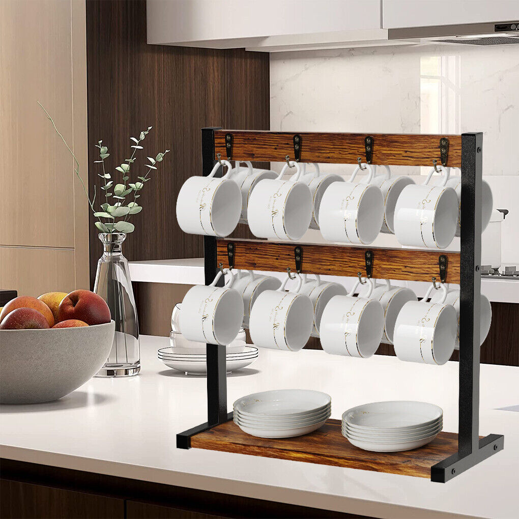 Rustic Minimalist Coffee Mug Holder Stand 43.5cm High, 42cm Wide, 2-Tier Organizer - SuperSaverAU - view 8