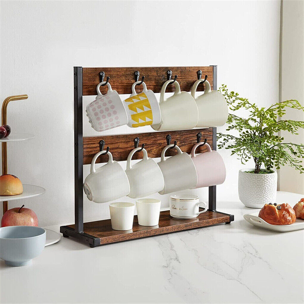 Rustic Minimalist Coffee Mug Holder Stand 43.5cm High, 42cm Wide, 2-Tier Organizer - SuperSaverAU - view 9