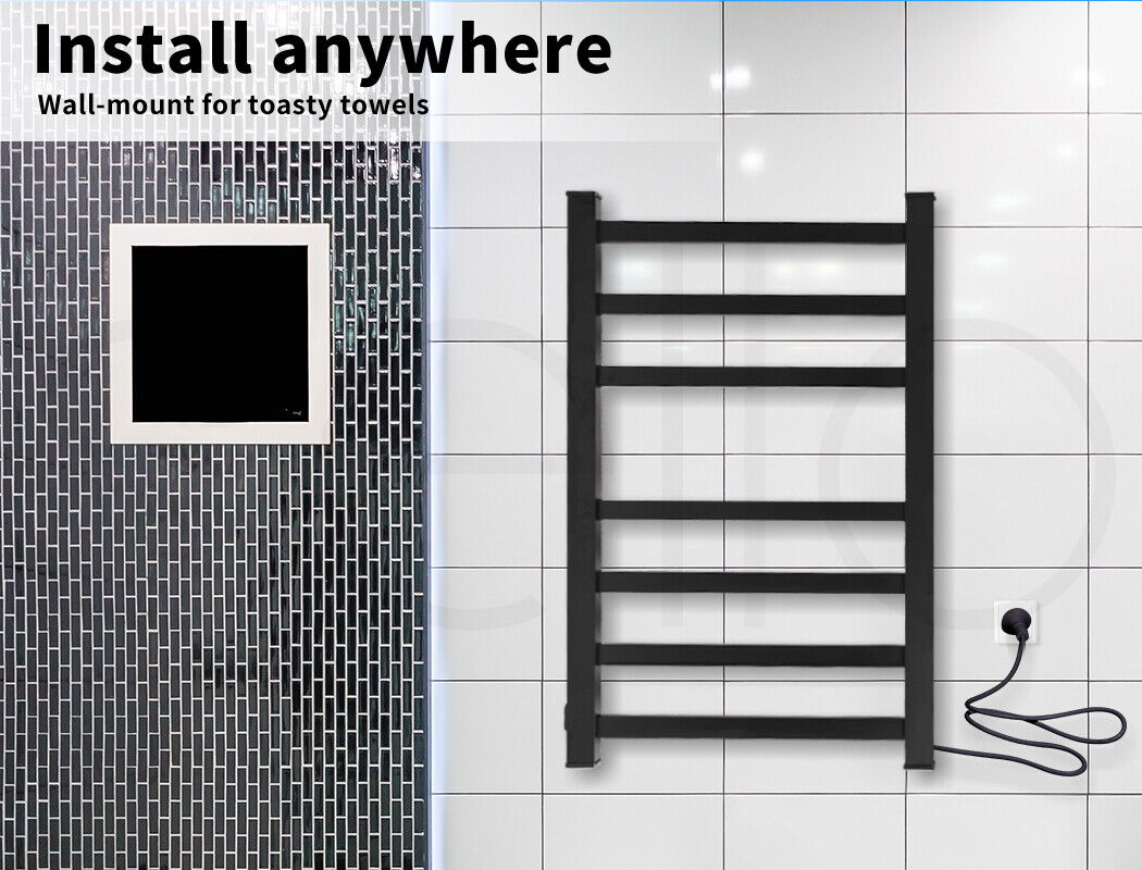Aluminium Heated Towel Rail 7-Bar Electric Warmer Black 30x30x20 cm - SuperSaverAU - view 8