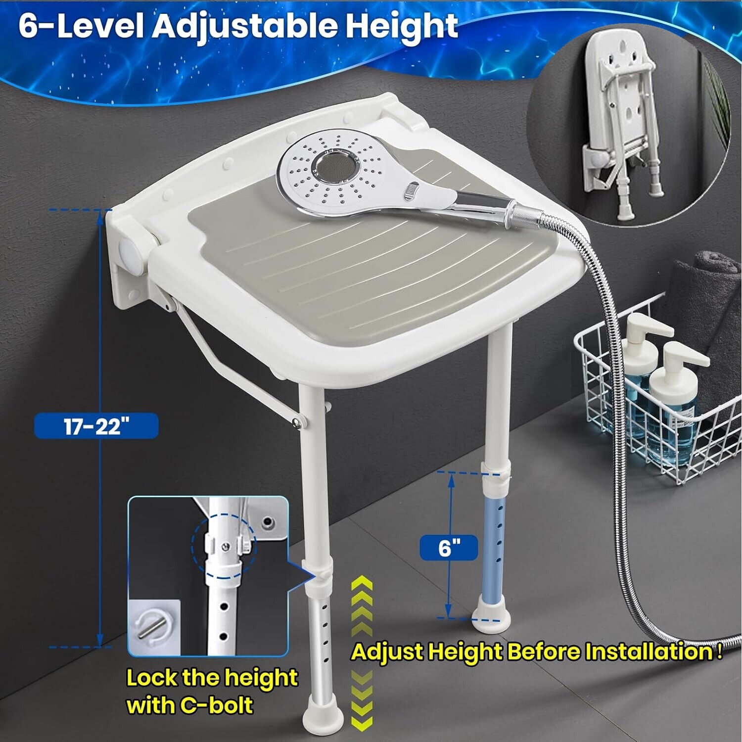 Wall-Mount Foldable Shower Chair, Adjustable, Non-Slip Feet - SuperSaverAU - view 10
