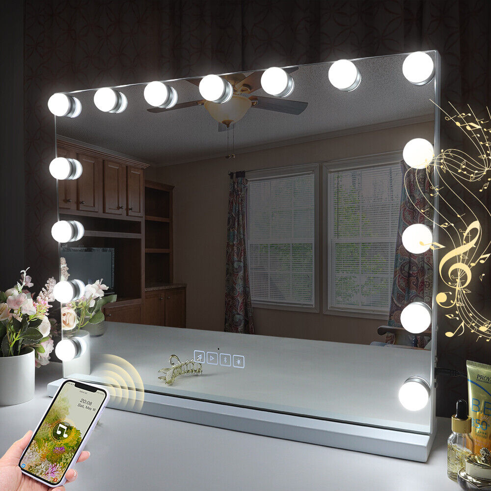 Premium Hollywood LED Vanity Mirror – White & Silver with Bluetooth & USB