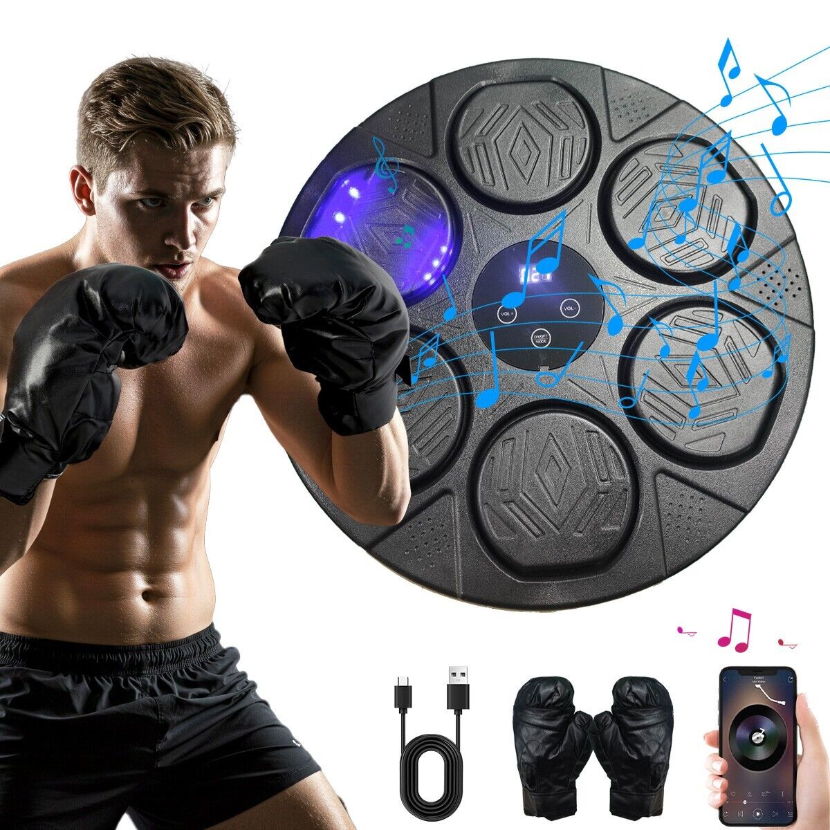 Premium Bluetooth Smart Punching Bag Wall Pad with Gloves, LED Lights & 9 Speeds